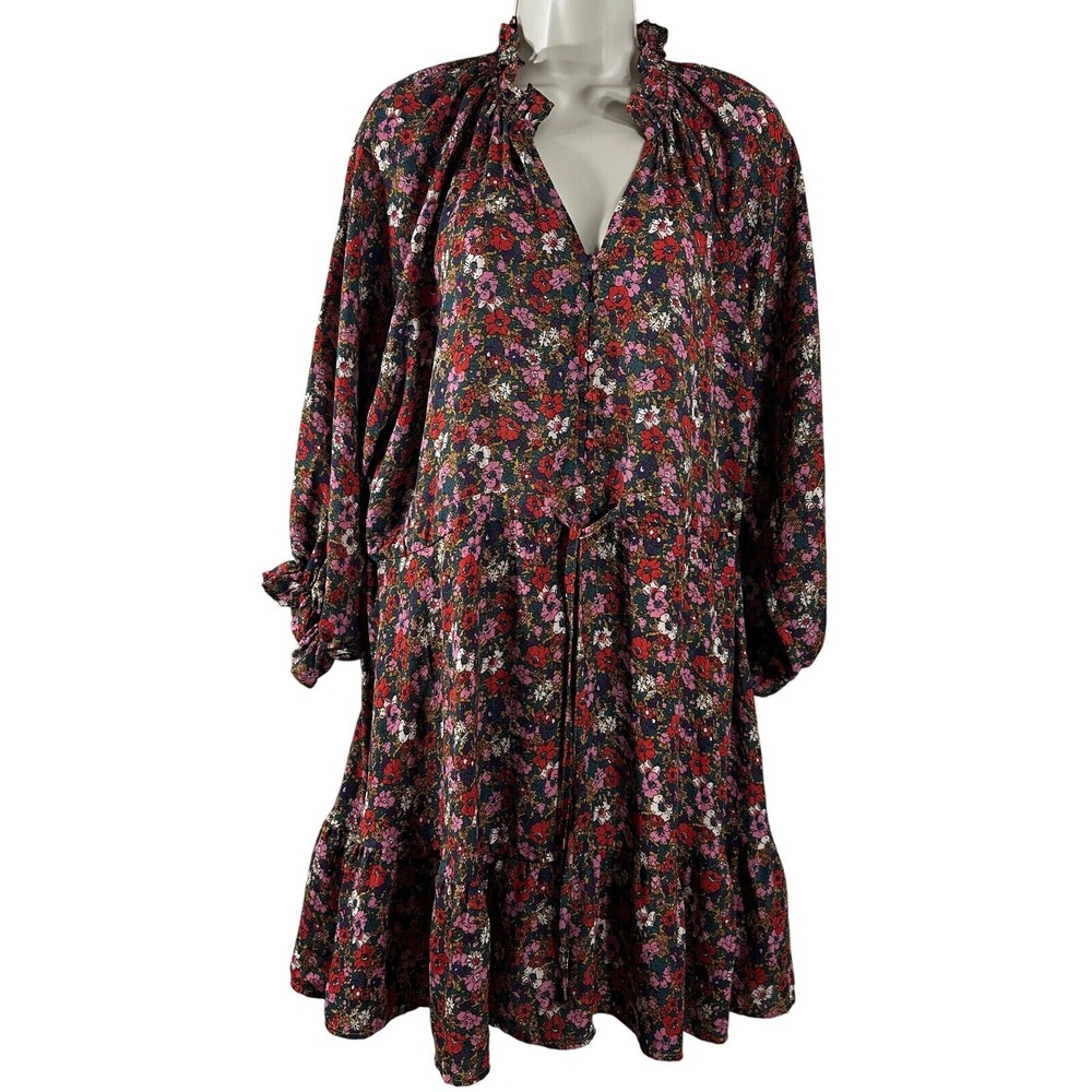 VICI Floral Ruffle‎ Neck Balloon Sleeve Drawstring Mini Dress Medium Multi Color